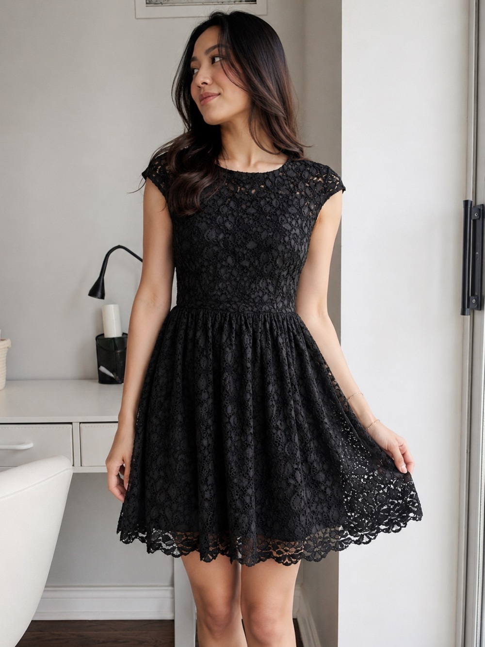 Aritzia Talula Black Lace Cap Sleeve Fit-and-Flare Dress